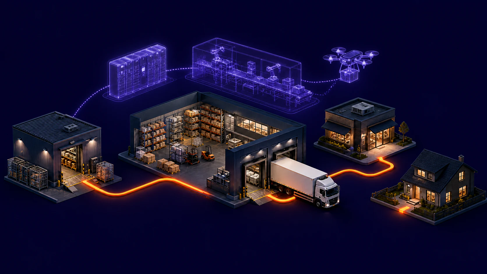 Havainnekuva Mico Systemin logistiikkaketjusta: nouto, varasto, kuljetus, toimitus ja tulevaisuuden teknologiat